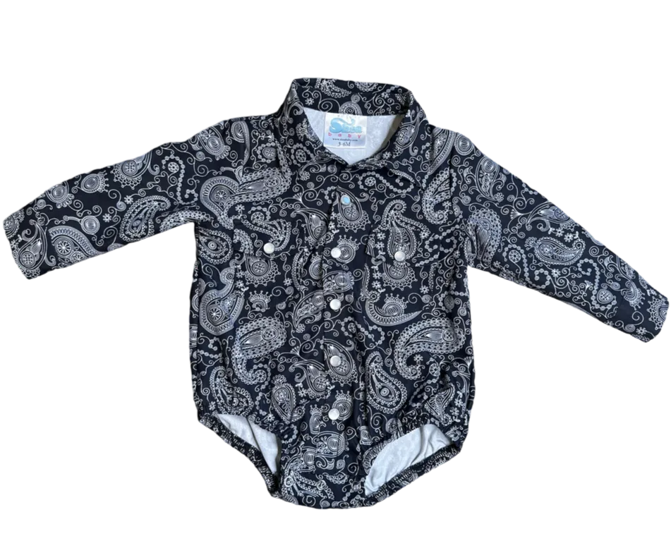 Black Paisley Long Sleeve Pearl Snap Onesie Baby (0-18M)