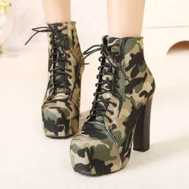 Camouflage Lace Up Platform Chunky High Heels Short Boots