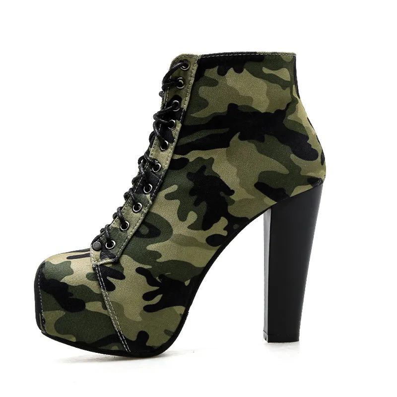 Camouflage Lace Up Platform Chunky High Heels Short Boots