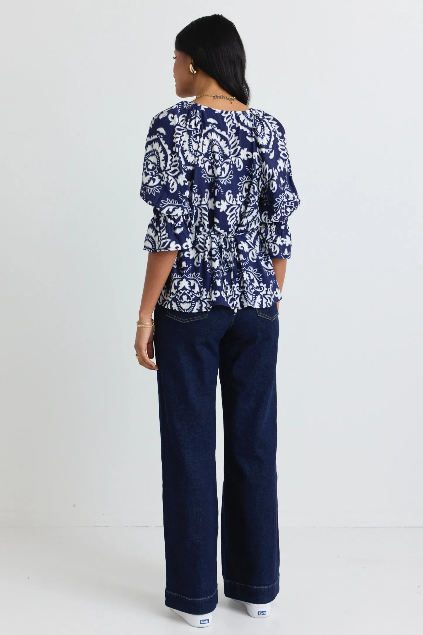 Destiny Navy Tile Print V Neck Short Sleeve Top