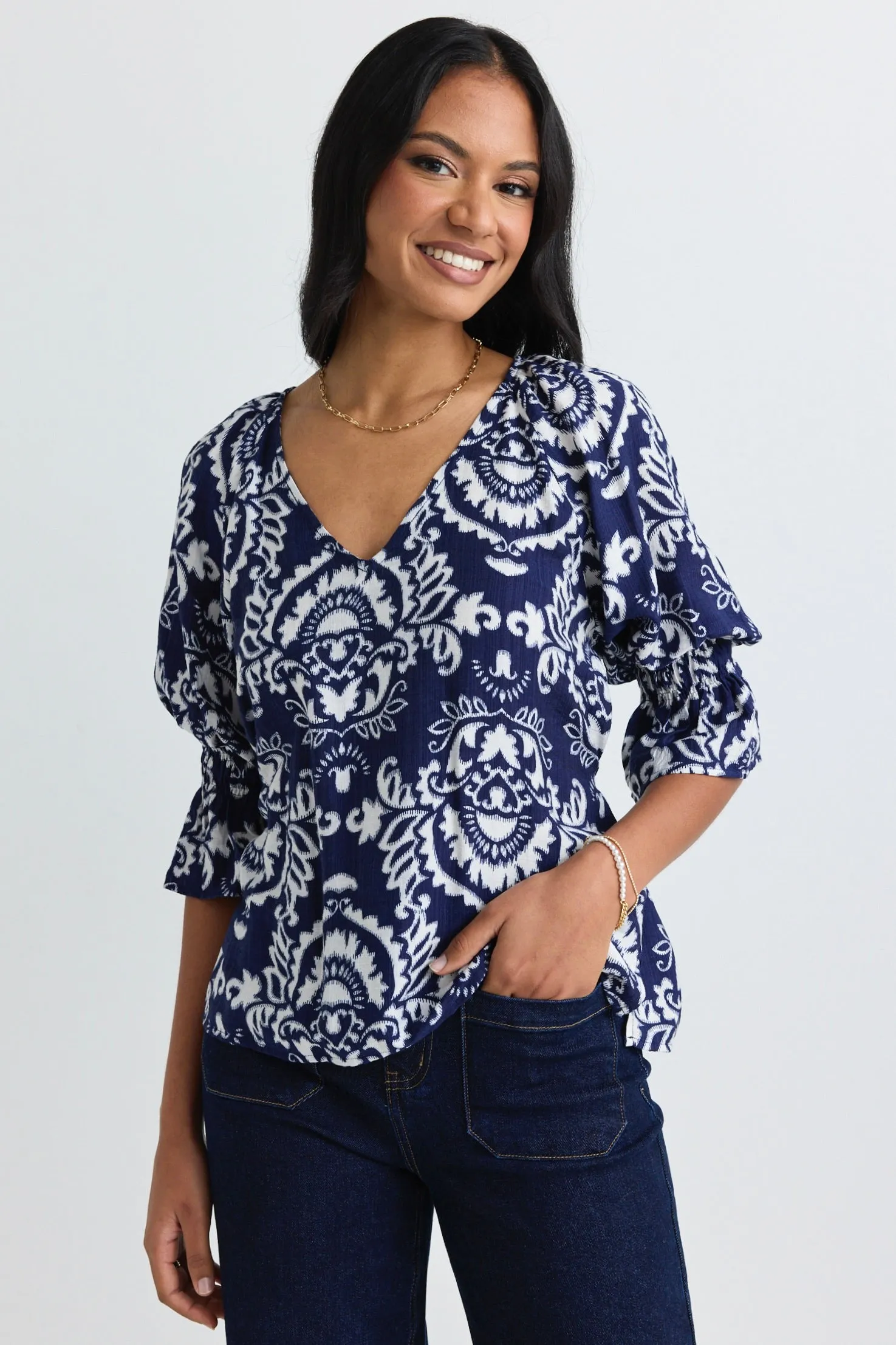 Destiny Navy Tile Print V Neck Short Sleeve Top
