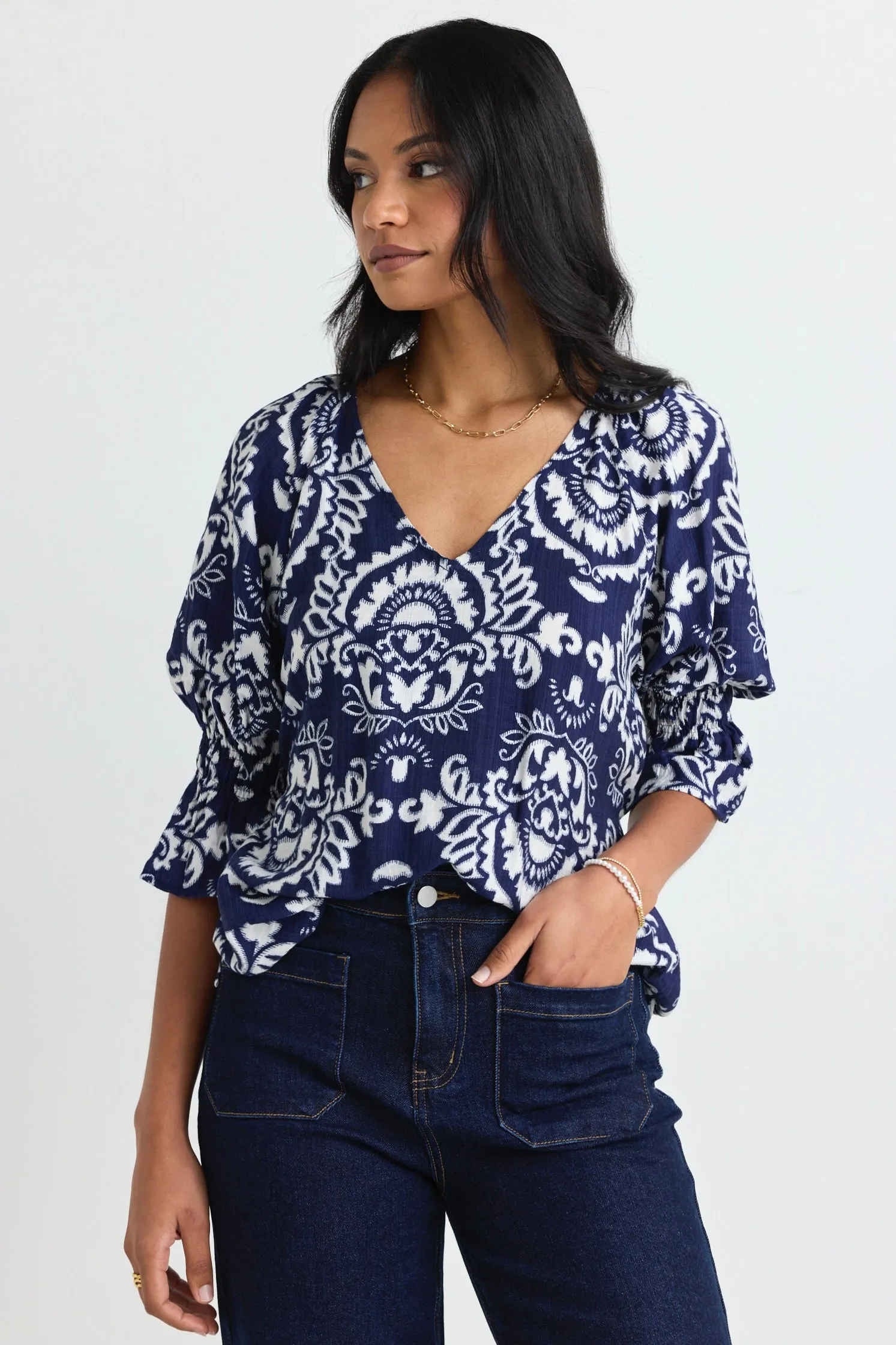Destiny Navy Tile Print V Neck Short Sleeve Top
