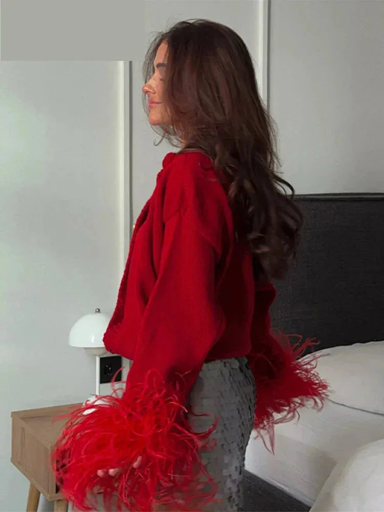 Feather Cuff Knit Sweater – Perfect for Autumn Casuals