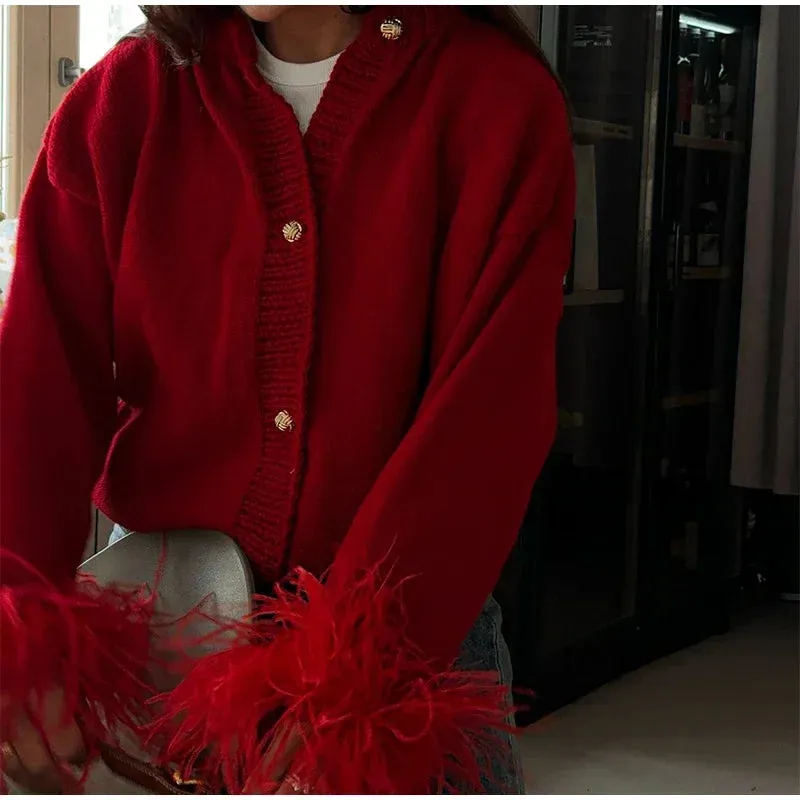 Feather Cuff Knit Sweater – Perfect for Autumn Casuals
