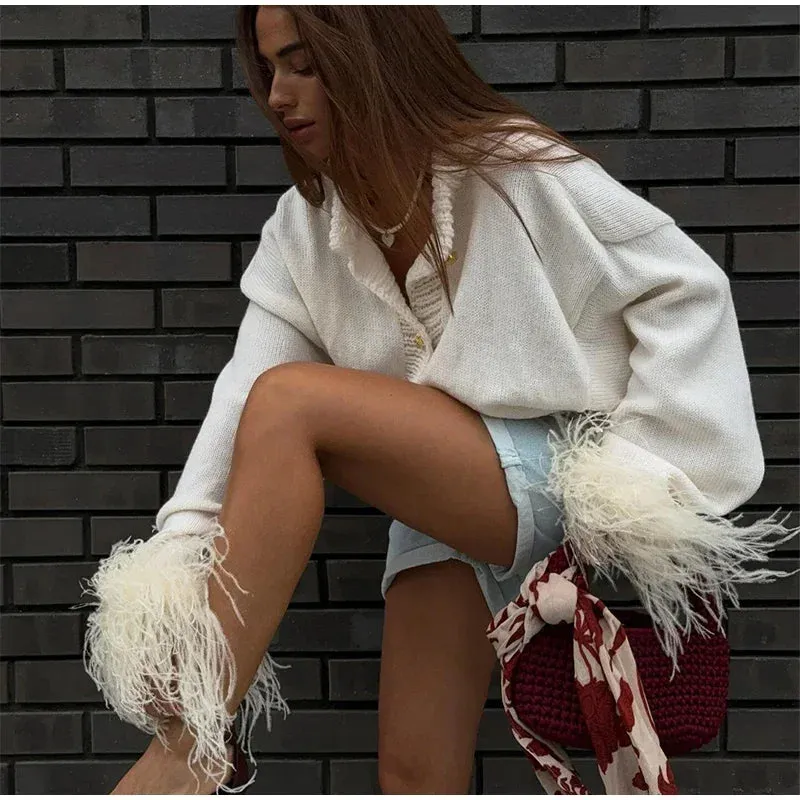 Feather Cuff Knit Sweater – Perfect for Autumn Casuals