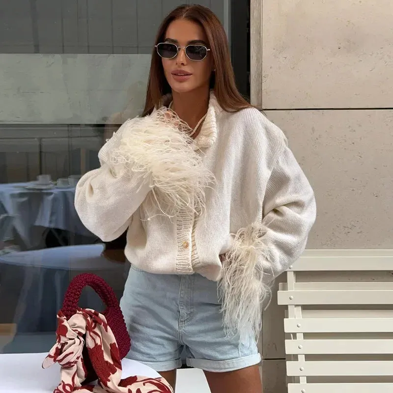 Feather Cuff Knit Sweater – Perfect for Autumn Casuals