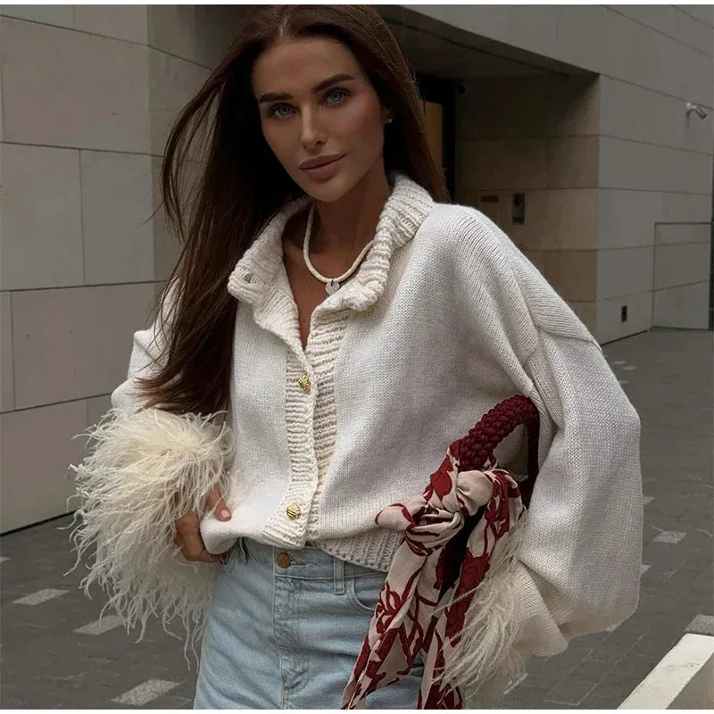 Feather Cuff Knit Sweater – Perfect for Autumn Casuals