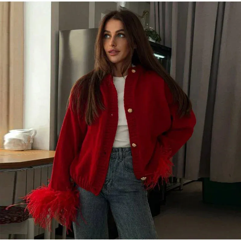 Feather Cuff Knit Sweater – Perfect for Autumn Casuals