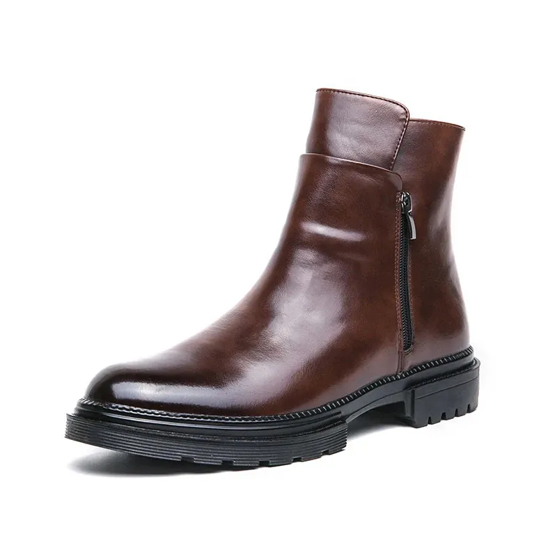 Hnzxzm Classic Brown British Style Men's Handsome High Top Shoes Winter Leather Short Boots Versatile Men's Casual Boots Thick Soles