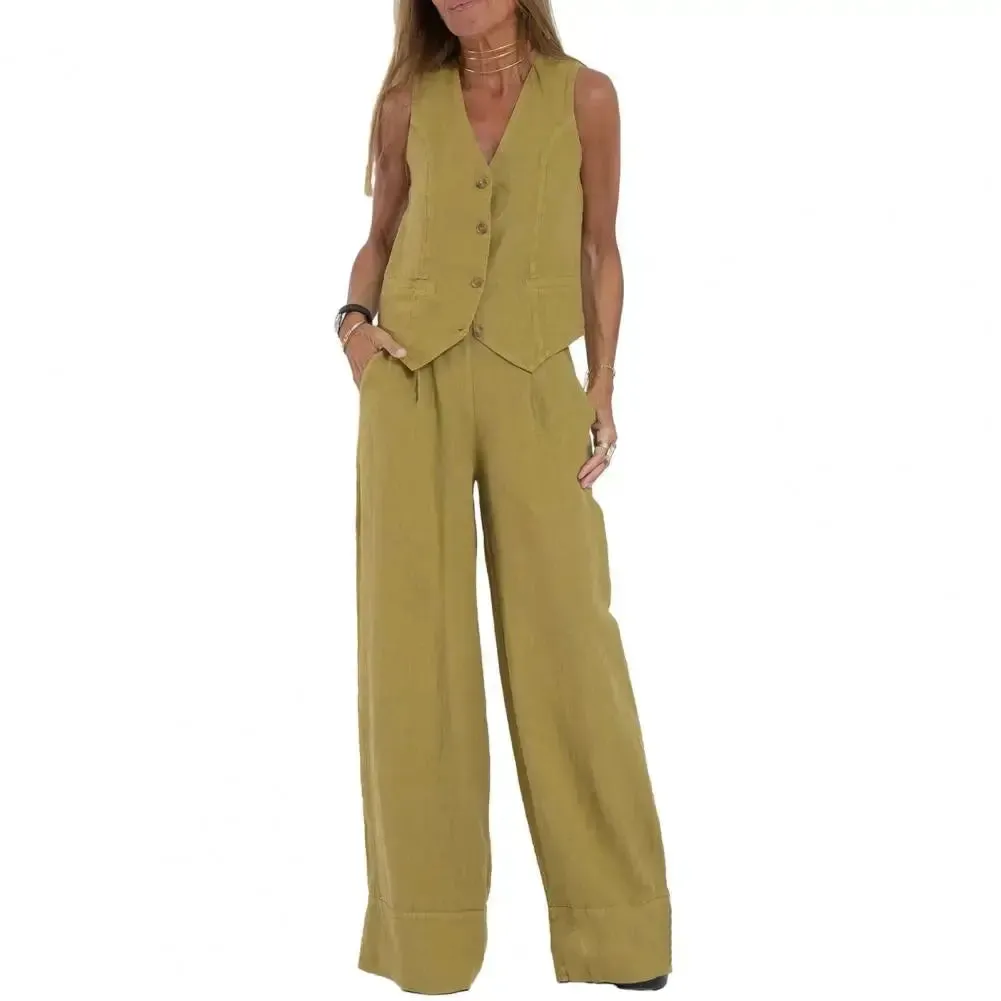 Women Suit Cotton Linen Vest Wide Leg Pants Two Piece Set Women 2023 Sleeveless Tank Top New Matching High Waist Wide Pants Set