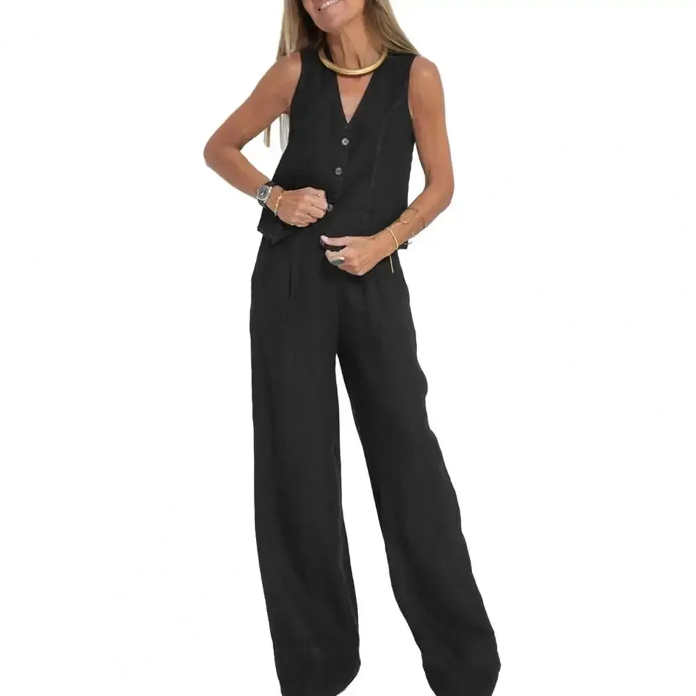 Women Suit Cotton Linen Vest Wide Leg Pants Two Piece Set Women 2023 Sleeveless Tank Top New Matching High Waist Wide Pants Set