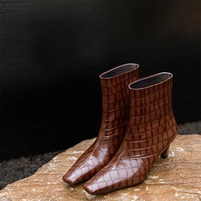 Women's 60mm Kitten Heel Ankle Boots in Crocodile-Embossed Cowhide Leather Slimming Boots