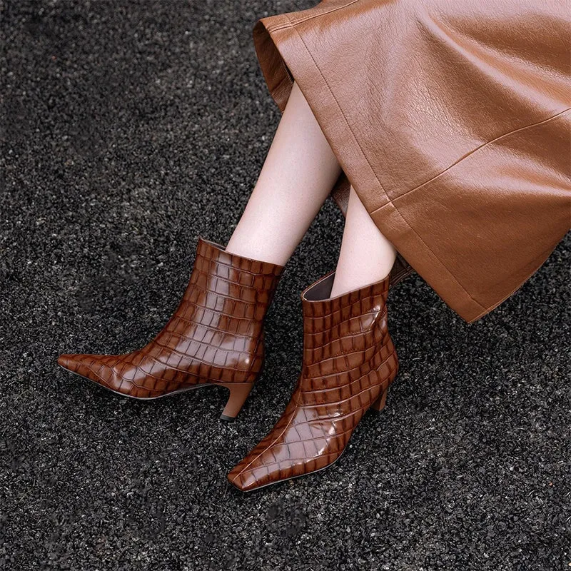 Women's 60mm Kitten Heel Ankle Boots in Crocodile-Embossed Cowhide Leather Slimming Boots